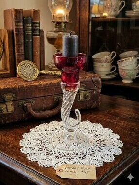 Vintage Murano Style Ruby Red & Clear Twisted Glass Candlestick